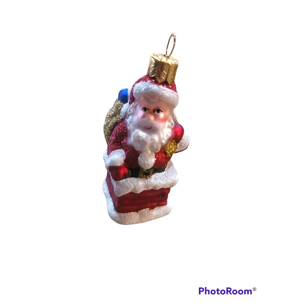 IMPULS CHRISTMAS MOUTH BLOWN HAND PAINTED ORNAMENT SANTA AND CHIMNEY with box
